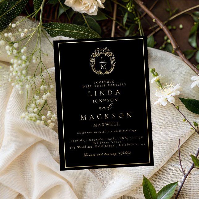 Invitation En Aluminium Black and gold botanical crest monogram wedding (Créateur téléchargé)