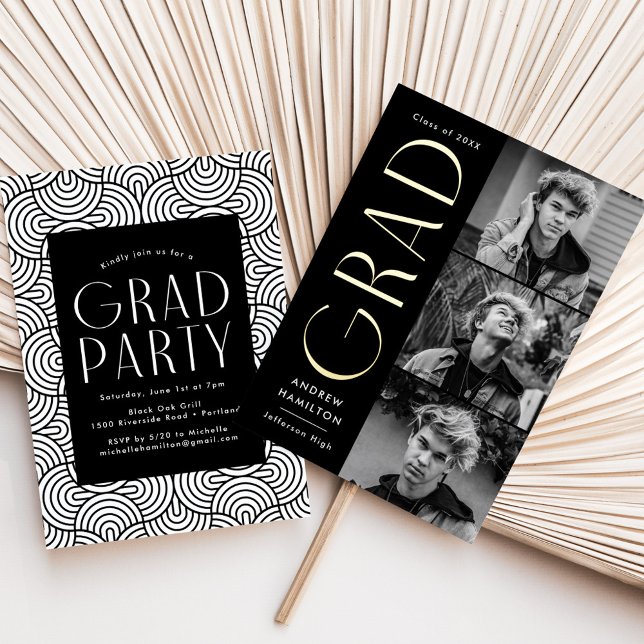 Invitation En Aluminium Black and Gold Foil 3 Photo Graduation Party (Créateur téléchargé)