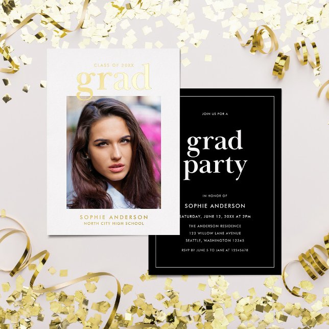 Invitation En Aluminium Black and Gold Serif Photo Graduation Party (Créateur téléchargé)