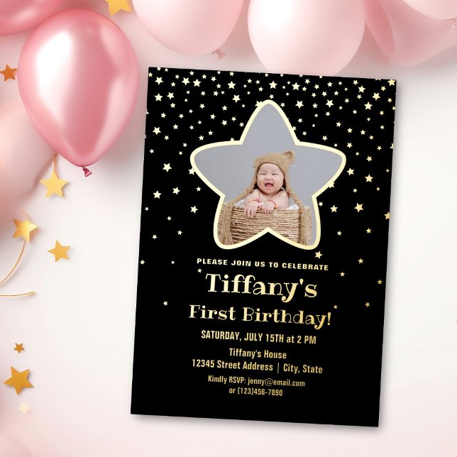 Invitation En Aluminium Black and Gold Stars Baby First Birthday Photo (Créateur téléchargé)
