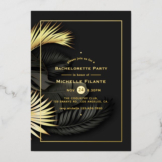 Invitation En Aluminium Black and Gold Tropical Bachelorette Party Foil In (Recto)