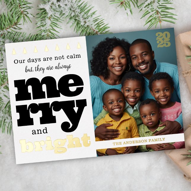 Invitation En Aluminium Black and White Foil Funny Joyeux et lumineux (fun and elegant black and gold merry and bright christmas card for humorous holiday 1 photo chaos)