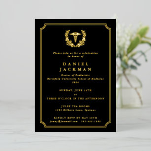 Invitation En Aluminium Black Caduceus+Laurel Médicale School Graduation