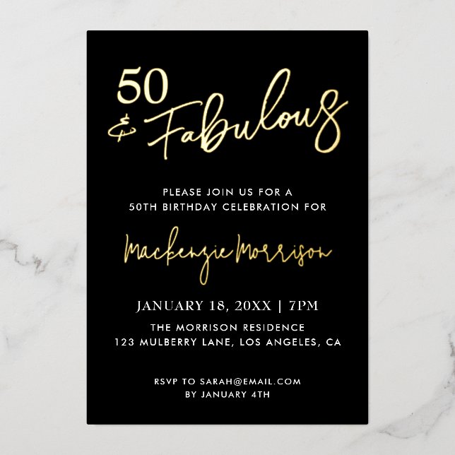 Invitation En Aluminium Black Fifty and Fabulous Script Birthday Party (Recto)