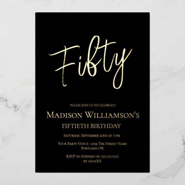 Invitation En Aluminium Black & Gold Cinquante minimum 50e fête d'annivers (Recto)