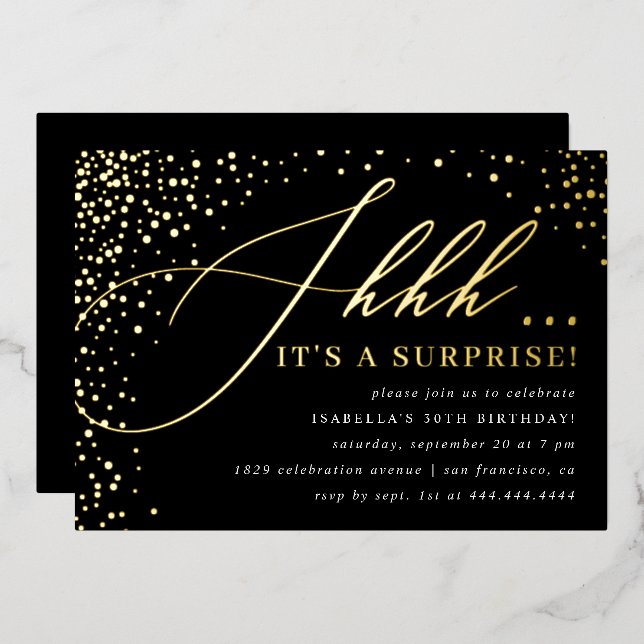 Invitation En Aluminium Black & Gold Confetti Script Surprise Party (Recto/Verso)