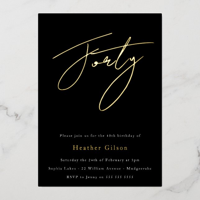 Invitation En Aluminium Black & Gold Foil Script 40e fête d'anniversaire (Recto)