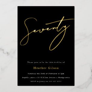 Invitation En Aluminium Black & Gold Foil Script 70e fête d'anniversaire