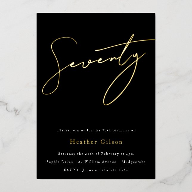 Invitation En Aluminium Black & Gold Foil Script 70e fête d'anniversaire (Recto)
