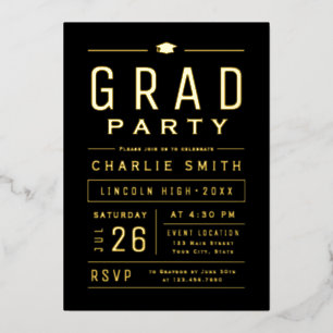 Invitation En Aluminium Black & Gold Modern Typographie simple Grad Party