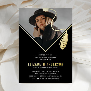 Invitation En Aluminium Black Gold Tassel Casquette Photo Graduation Party