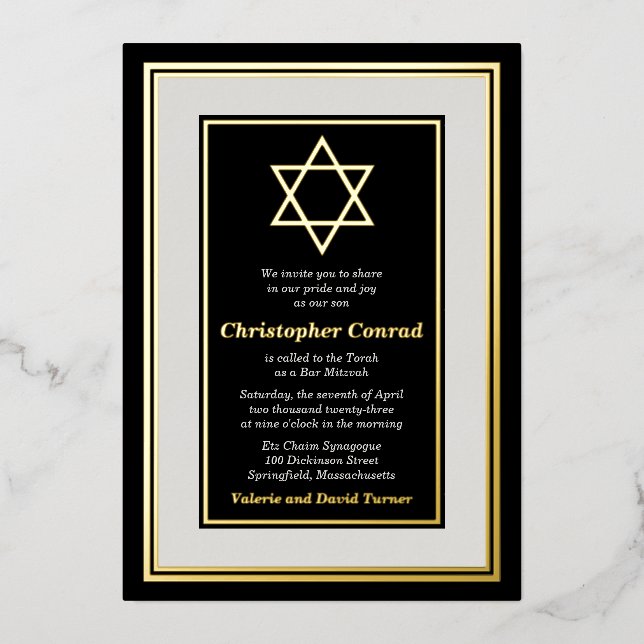 Invitation En Aluminium Black Platinum Gold Foil Star de David Bar Mitzvah (Recto)