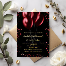 Invitation En Aluminium Black red balloons luxury birthday gold