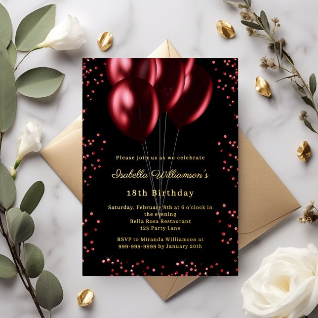 Invitation En Aluminium Black red balloons luxury birthday gold (Créateur téléchargé)