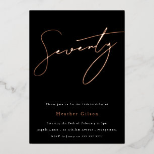 Invitation En Aluminium Black & Rose Gold Foil Script 70e fête d'anniversa