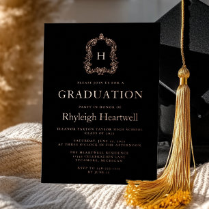 Invitation En Aluminium Black Rose Gold Monogram Crest Graduation Party