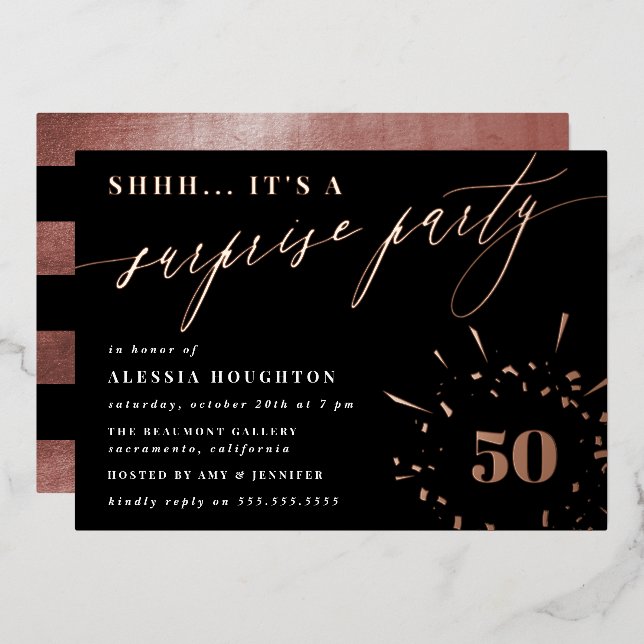 Invitation En Aluminium Black & Rose Gold Script Surprise Party (Recto/Verso)