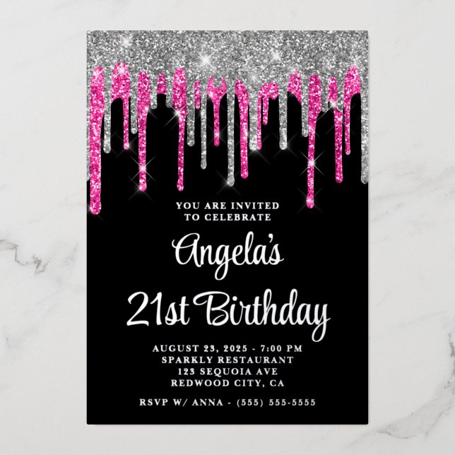 Invitation En Aluminium Black Silver Deep Rose Parties scintillant Drips 2 (Recto)