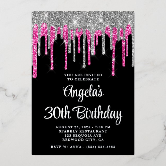 Invitation En Aluminium Black Silver Deep Rose Parties scintillant Drips 3 (Recto)