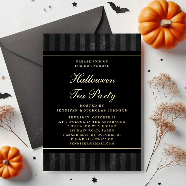 Invitation En Aluminium Black Stripes Halloween Tea Party Gold (Black Stripes Halloween Tea Party Gold Foil Invitation)