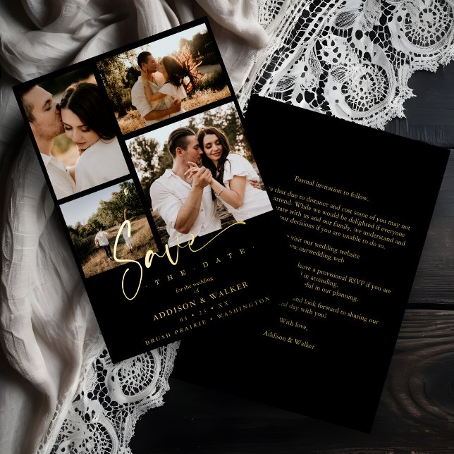 Invitation En Aluminium Black Trendy Collage Mariage 4 Photos Real Golden (Créateur téléchargé)