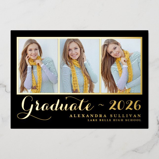 Invitation En Aluminium Black Trois Photo Collage Gold (Recto)