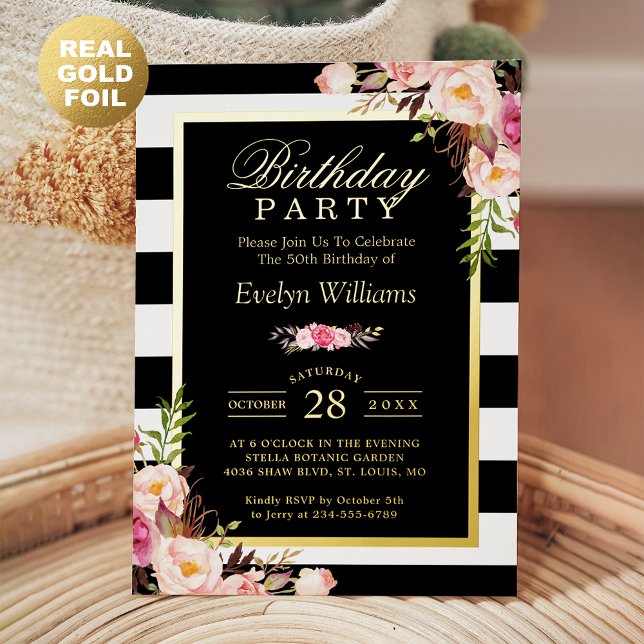 Invitation En Aluminium Black White Stripes Blush Floral fête d'anniversai (Créateur téléchargé)
