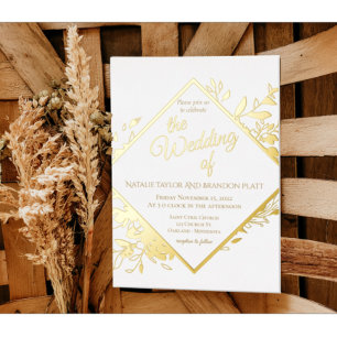 Invitation En Aluminium Blanc Classique et Feuilles Dorées