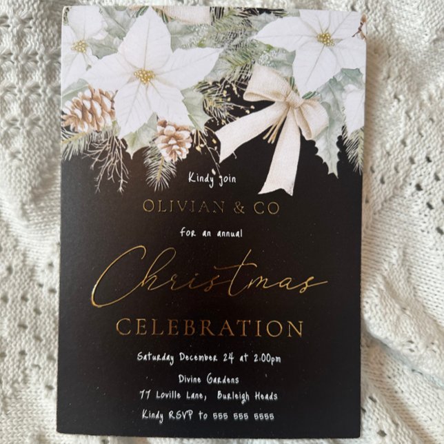 Invitation En Aluminium Blanc Floral Noir Entreprise Noël Party Or (Créateur téléchargé)