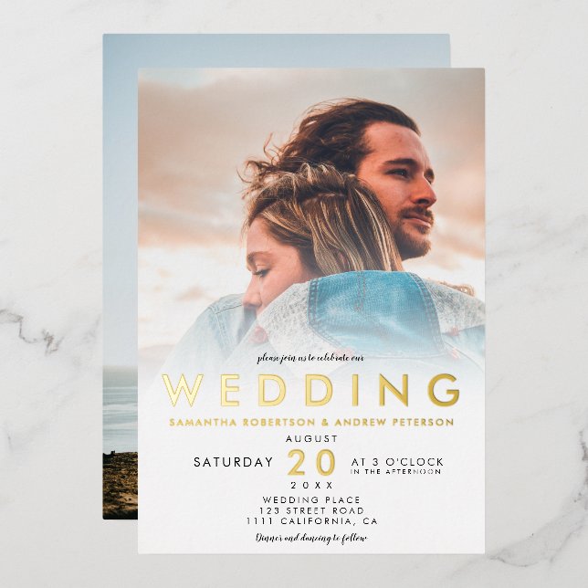 Invitation En Aluminium Blanc moderne ombre simple 2 photos mariage (Recto/Verso)