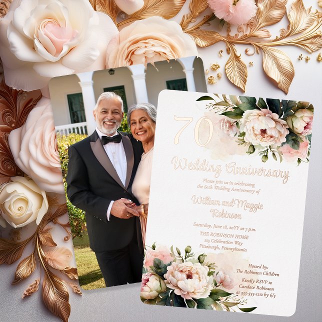 Invitation En Aluminium BLANCHE |Pink Peonies 70e fête du Mariage (Elegant White and Pink Peonies 70th Wedding Anniversary Party Rose Gold Foil Invitation - Print Only)