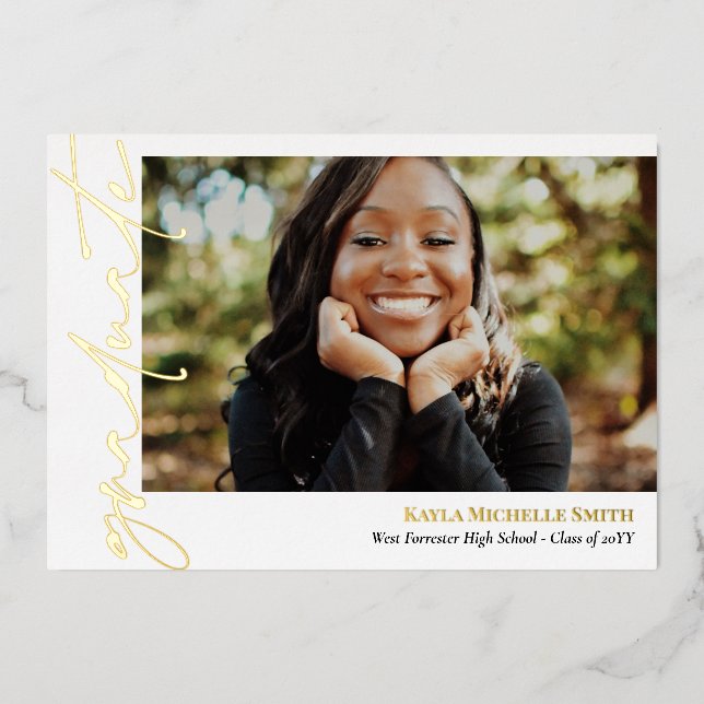 Invitation En Aluminium Blancs Gold Calligraphy Photo Graduation (Recto)