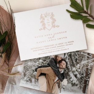 Invitation En Aluminium Blason à monogramme cœur couronne rose blanche or 
