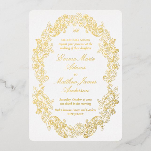 Invitation En Aluminium Blason Baroque Élégant Monogramme Fond Blanc Maria (Recto)