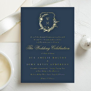 Invitation En Aluminium blason de mariage doré monogrammé bleu marine clas