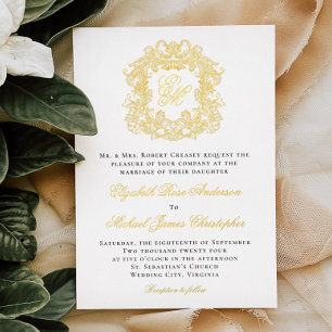 Invitation En Aluminium Blason Monogramme Élégant Mariage Or