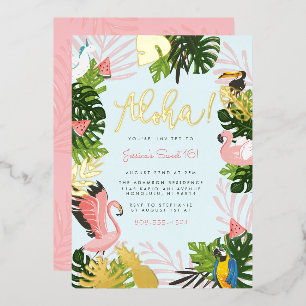 Invitation En Aluminium Bleu   Aloha Hawaii Tropical Gold Birthday Party