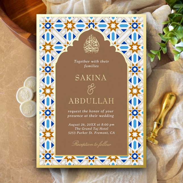 Invitation En Aluminium Bleu Beige Géométrique Islamique Mariage Musulman  (Créateur téléchargé)