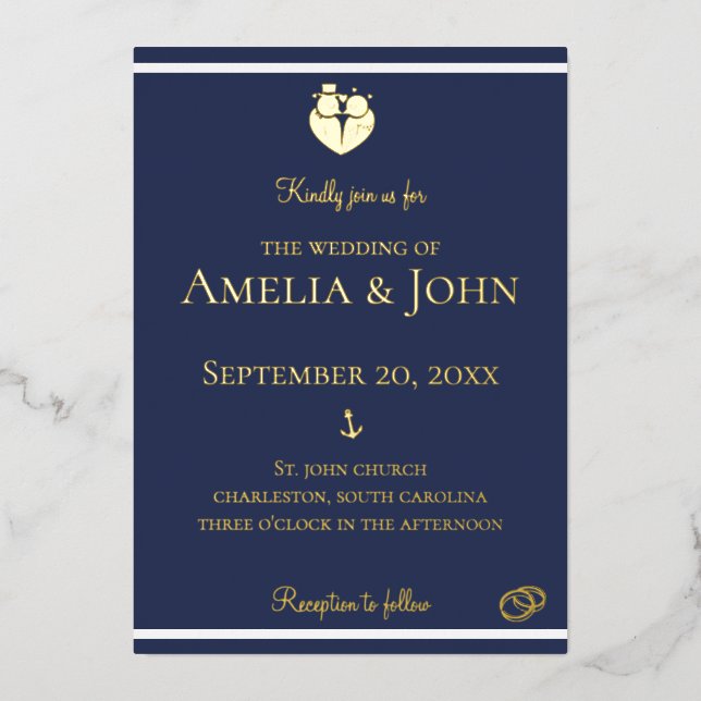 Invitation En Aluminium Bleu bleu marine Ancre Mariage or (Recto)