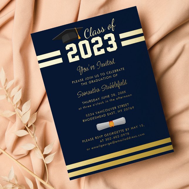 Invitation En Aluminium Bleu de la Marine 2024 Parti de Graduation Gold (Créateur téléchargé)