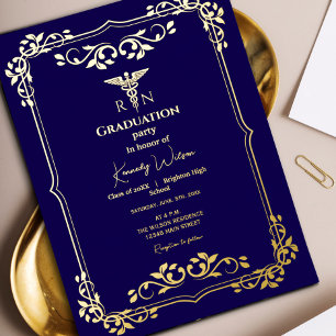 Invitation En Aluminium Bleu de marine avec cadre orné d'or Graduation