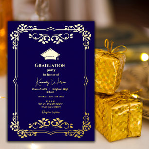 Invitation En Aluminium Bleu de marine avec cadre orné d'or Graduation