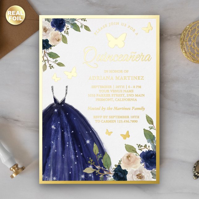 Invitation En Aluminium Bleu de marine Robe Florale Papillon Quinceanera O (Créateur téléchargé)