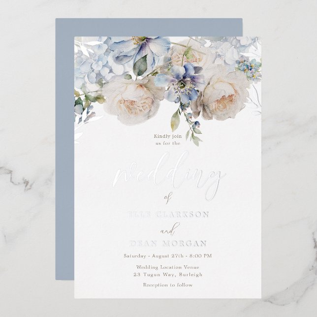 Invitation En Aluminium Bleu Dusty Floral & Roses Blanches Mariage Argent (Recto/Verso)