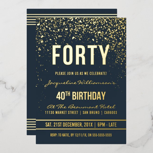 Invitation En Aluminium Bleu foncé | Gold Confetti 40e fête d'anniversaire (Recto/Verso)