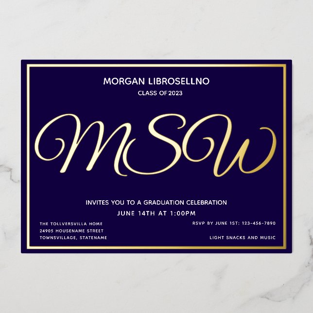 Invitation En Aluminium Bleu Gold MSW Graduation (Recto)