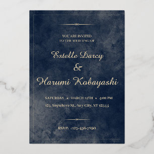 Invitation En Aluminium Bleu marine et or Élégant, Fond aquarelle