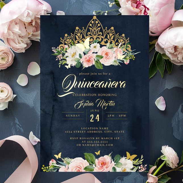 Invitation En Aluminium Bleu Marine Gold Floral Butterfly Tiara Quinceaner (Créateur téléchargé)