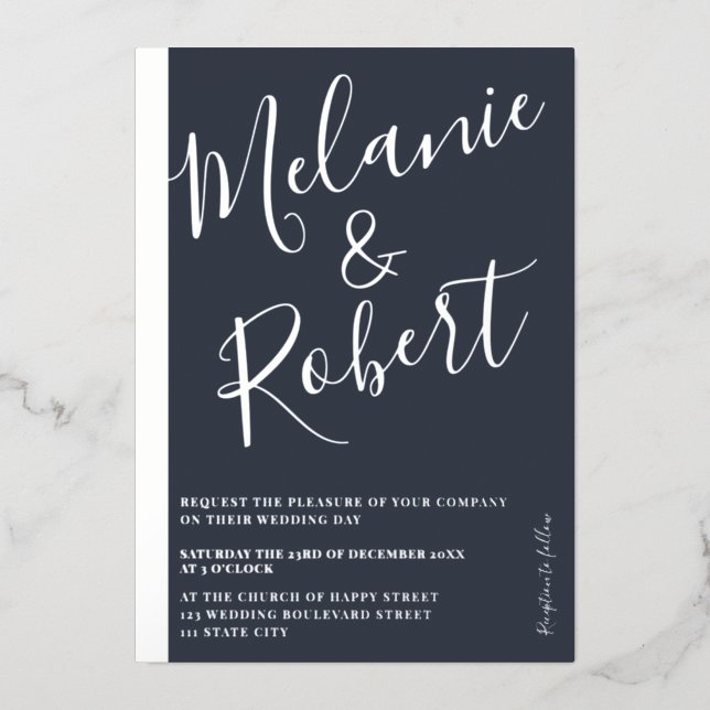 Invitation En Aluminium Bleu moderne mariage photo argenté (Recto)