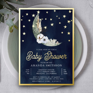 Invitation En Aluminium Bleu Nuit Bohème Floral Lune Étoiles Baby Shower O